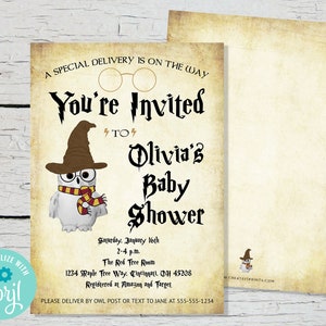 May include: A Harry Potter themed baby shower invitation with a white owl wearing a brown wizard hat and glasses. The invitation reads "You're Invited to Olivia's Baby Shower".