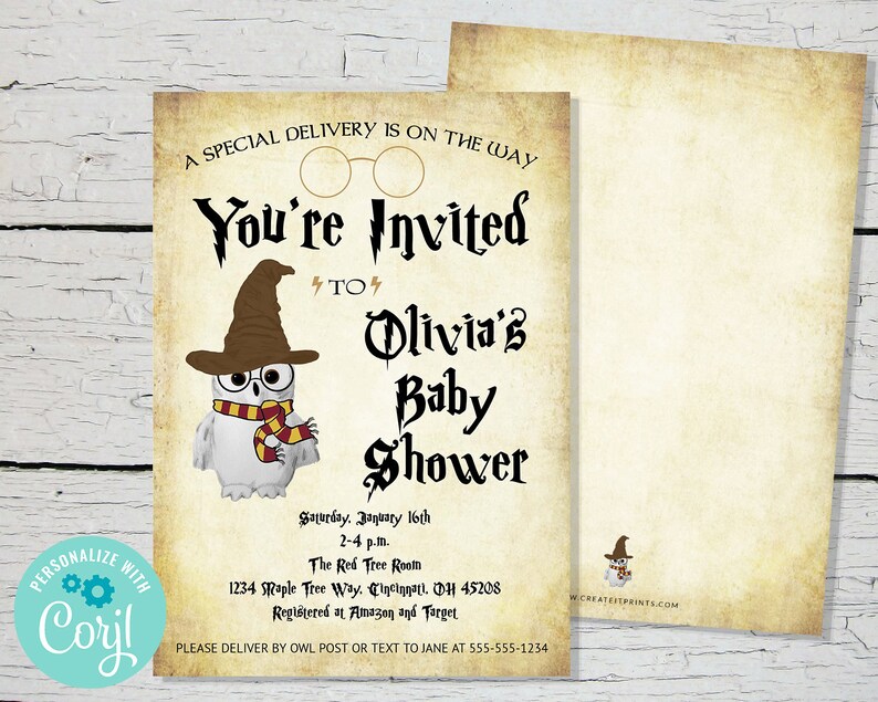 May include: A Harry Potter themed baby shower invitation with a white owl wearing a brown wizard hat and glasses. The invitation reads "You're Invited to Olivia's Baby Shower".