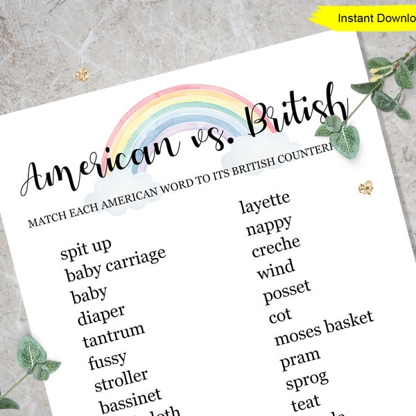 Rainbow American vs. British game - INSTANT DOWNLOAD - bridal shower bachelor bachelorette party printable digital baby shower party