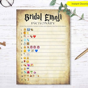 May include: A printable "Bridal Emoji Pictionary" game on aged paper. The game features a list of wedding-themed words and phrases represented by emojis. The words "Bridal Emoji Pictionary" are at the top. The words "Instant Download" are in a yellow rectangle.