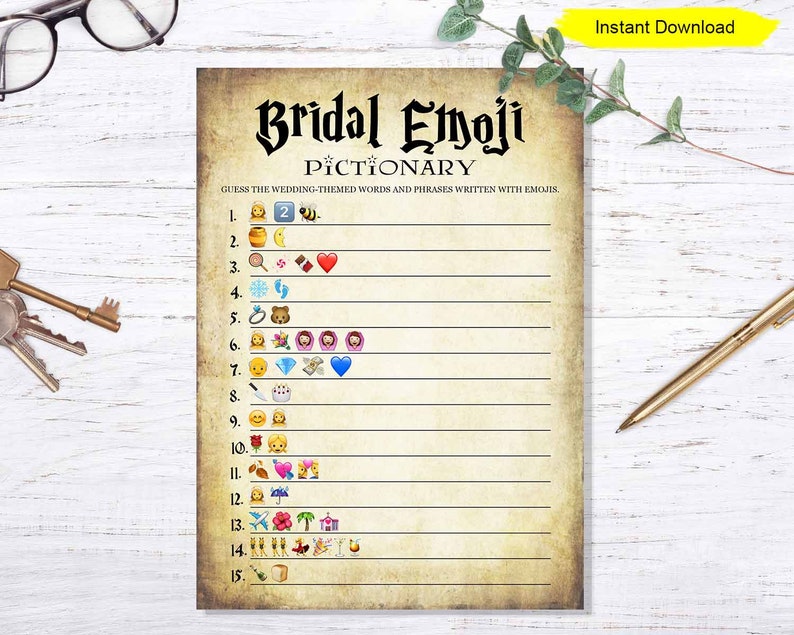 May include: A printable "Bridal Emoji Pictionary" game on aged paper. The game features a list of wedding-themed words and phrases represented by emojis. The words "Bridal Emoji Pictionary" are at the top. The words "Instant Download" are in a yellow rectangle.