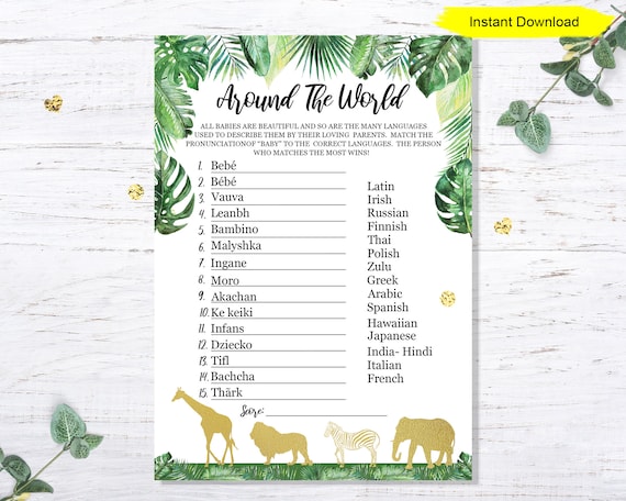 Jungle Baby Around the World Game - INSTANT DOWNLOAD - printable print baby shower safari giraffe party animals lion modern gold Il_570xn
