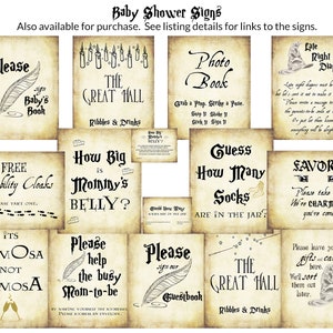 May include: A set of 10 printable baby shower signs with a Harry Potter theme. The signs feature text such as "The Great Hall", "Free Invisibility Cloaks", "Guess How Many Socks", "Please Sign Our Guestbook", and "Late Right Diapers".