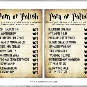 May include: A printable game card with the title "Porn or Polish" and a list of movie and nail polish titles. Players guess if each title is a movie or a nail polish.
