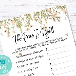 BOHO Chic The Price Is Right game Editable INSTANT DOWNLOAD baby shower party printable digital girl light green pink flowers greenery image 1