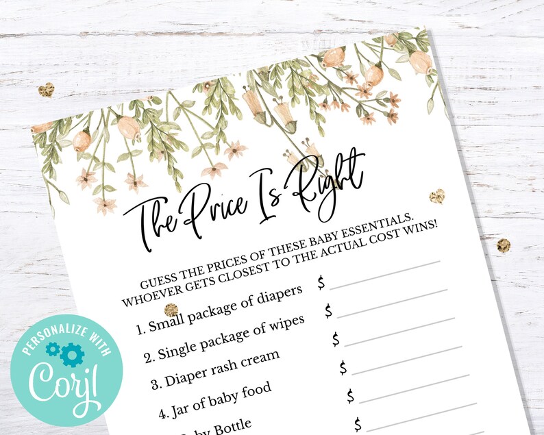 BOHO Chic The Price Is Right game Editable INSTANT DOWNLOAD baby shower party printable digital girl light green pink flowers greenery image 1