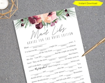 Burgundy Bridal Madlibs Game - INSTANT DOWNLOAD - bridal shower bachelorette party printable digital wedding mad libs shabby chic garden