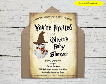 Baby Shower Editable Template Invitation - INSTANT DOWNLOAD -printable digital custom customized couples shower wizard owl