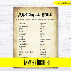 May include: A printable game card with a vintage aesthetic, featuring a list of American words paired with their British counterparts. The title reads "American vs. British" and the text "ANSWERS INCLUDED" is at the bottom.
