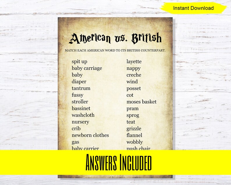 May include: A printable game card with a vintage aesthetic, featuring a list of American words paired with their British counterparts. The title reads "American vs. British" and the text "ANSWERS INCLUDED" is at the bottom.
