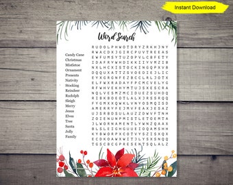 Christmas Word Search Game - INSTANT DOWNLOAD - printable digital poinsettia kids activity white elephant holiday christmas eve
