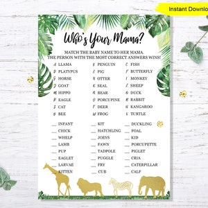 Jungle Who's Your Mama Game INSTANT DOWNLOAD printable print baby shower safari giraffe party animals lion modern gold my momma mother image 1