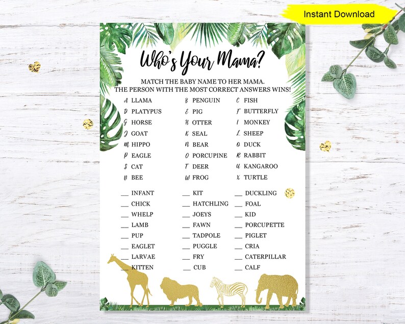 Jungle Who's Your Mama Game INSTANT DOWNLOAD printable print baby shower safari giraffe party animals lion modern gold my momma mother image 1