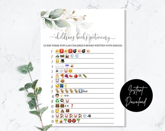 Greenery and Gold Children's Book Emoji Game - INSTANT DOWNLOAD - baby shower printable digital eucalyptus leaves