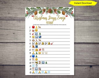 Christmas Songs Emoji Pictionary game - INSTANT DOWNLOAD - printable digital holly berry wintergreen gold font bridal shower class party