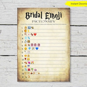 May include: A printable Bridal Emoji Pictionary game with a vintage parchment paper design. The game features a list of wedding-themed words and phrases represented by emojis. The words are written in a decorative font.