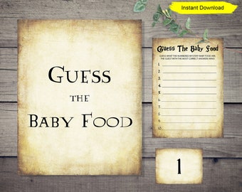 Guess The Baby Food Game - INSTANT DOWNLOAD - printable digital couples baby shower sprinkle party sign antique kraft wizard halloween