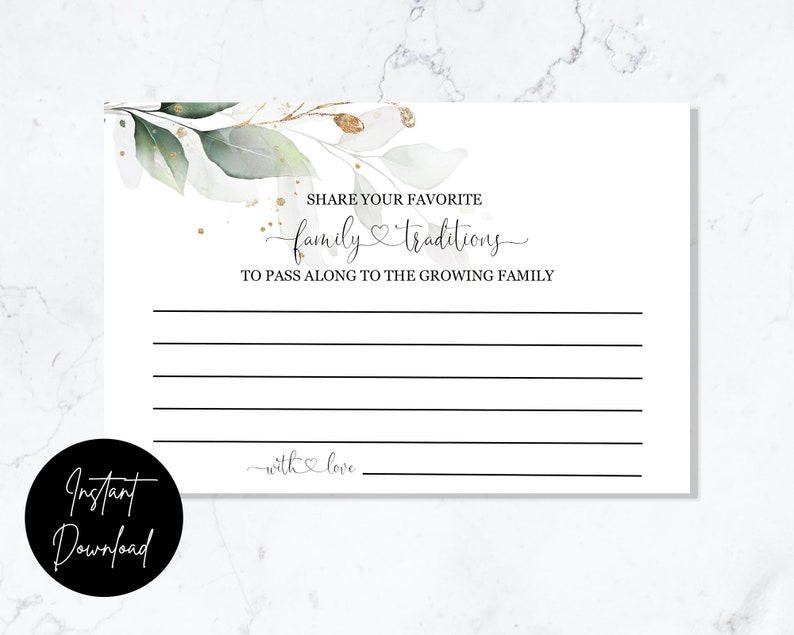 Greenery and Gold Family Traditions Cards INSTANT DOWNLOAD Babyparty-Party druckbare digitale Eukalyptus Bild 2