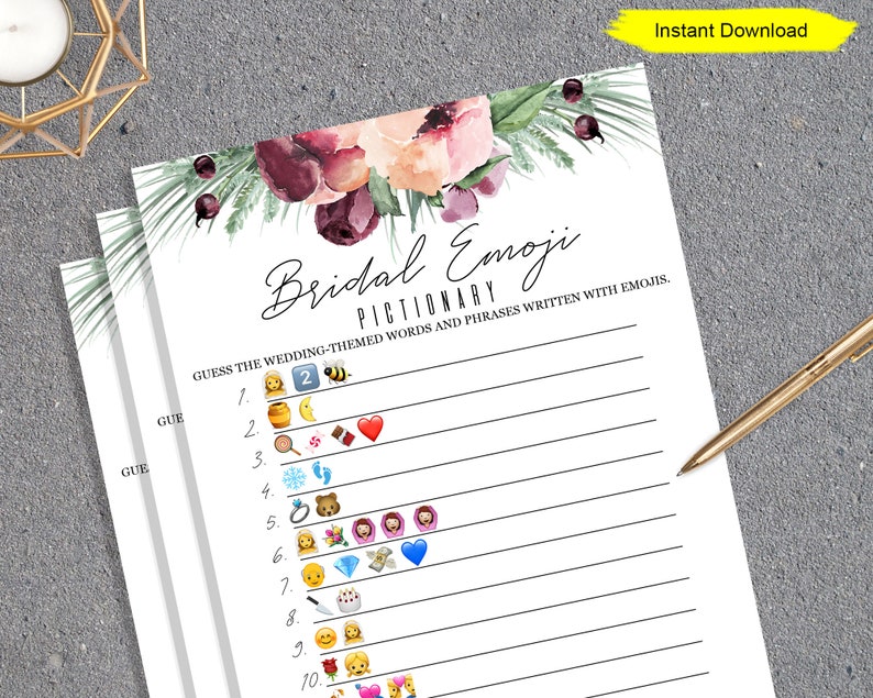 Burgundy Flowers Bridal Shower Emoji Game INSTANT DOWNLOAD printable digital couples shower bachelorette hen party plum purple blush image 1