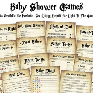 May include: A set of printable baby shower games with a vintage aesthetic. The games include "The Price is Right", "Baby Word Scramble", "Mom or Dad", "How Old Was the Parent-to-Be", "Baby Predictions and Advice", "Dear Baby", "How Old Was the Mom-to-Be", "What's in Your Purse", "What's on Your Phone", "Baby Bingo", "Children's Books Emoji Dictionary", "Mad Libs", "Baby Emoji Dictionary", and "Baby Shower Right & Left".
