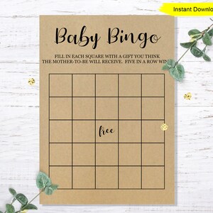 May include: A brown card with the text "Baby Bingo" and instructions to fill in each square with a gift the mother-to-be will receive. Five in a row wins. The card has a free space in the centre.