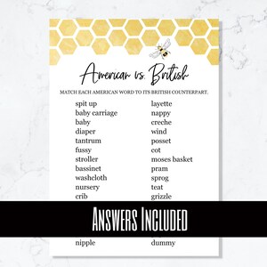 Pu&ograve; includere: Una carta di gioco stampabile con un motivo a nido d'ape giallo e un'illustrazione di un'ape. La carta presenta un elenco di parole americane e britanniche per articoli per bambini, con istruzioni per abbinare ogni parola americana alla sua controparte britannica. Le parole includono "spit up", "baby carriage", "layette", "nappy", "baby", "creche", "diaper", "wind", "tantrum", "cot", "fussy", "stroller", "bassinet", "washcloth", "nursery", "crib", "posset", "Moses basket", "pram", "sprog", "teat", e "grizzle". La carta include anche il testo "ANSWERS INCLUDED" e due righe vuote per le risposte.