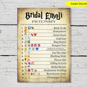 May include: A printable Bridal Emoji Pictionary game with a vintage parchment paper background. The game includes wedding-themed words and phrases written with emojis. The words include "Bride To Be", "Honeymoon", and "Champagne Toast". The words are written in black text.