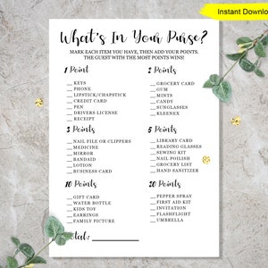 May include: A printable "What's In Your Purse?" game sheet with a list of items and point values. The game sheet is white with black text and includes the words "Instant Download" in a yellow banner.