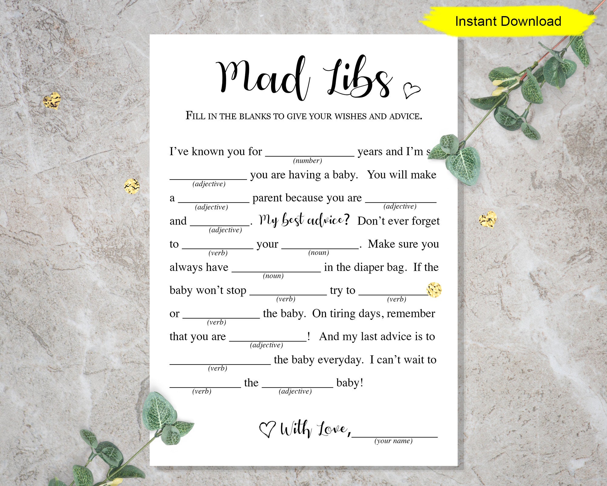 Baby Mad Libs Game INSTANT DOWNLOAD Printable Digital Baby - Etsy