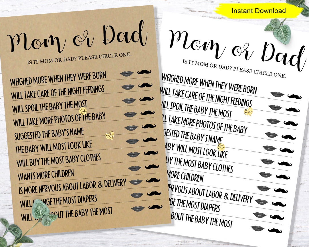 Mom or Dad Baby Shower Game - INSTANT DOWNLOAD - Printable Digital Baby ...