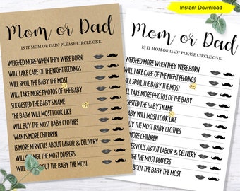 Mom or Dad Baby Shower Game - INSTANT DOWNLOAD - printable digital baby shower Game guess who mommy daddy