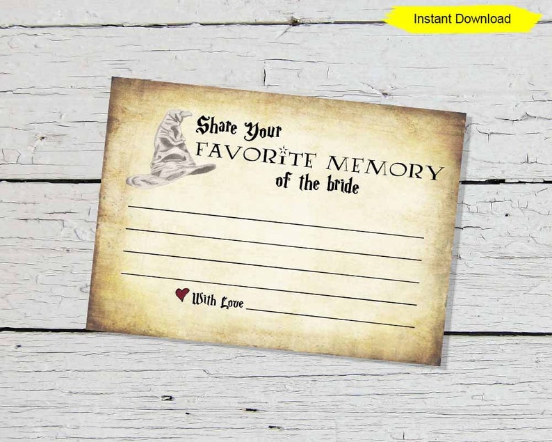 Peut inclure: Une carte imprimable avec un fond vintage repr&eacute;sentant un chapeau de sorcier et le texte "Partagez votre meilleur souvenir de la mari&eacute;e" avec des lignes pour &eacute;crire et un c&oelig;ur avec le texte "Avec amour".