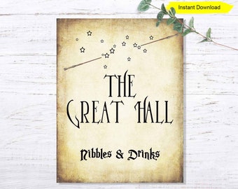 The Great Hall Sign - INSTANT DOWNLOAD -birthday party printable digital print nibbles and drinks antique baby shower bridal wedding wands