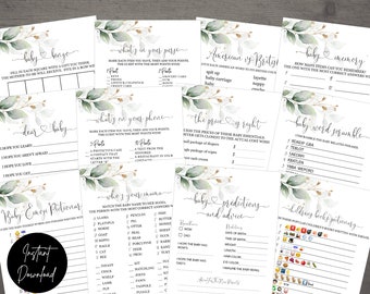 Greenery and Gold Game Pack - INSTANT DOWNLOAD - baby shower printable bundle package eucalyptus leaves