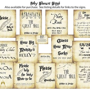 May include: A set of 10 printable baby shower signs with a Harry Potter theme. The signs feature text such as "The Great Hall", "Free Invisibility Cloaks", "Guess How Many Socks", "Please Sign Our Guestbook", and "Late Right Diapers".