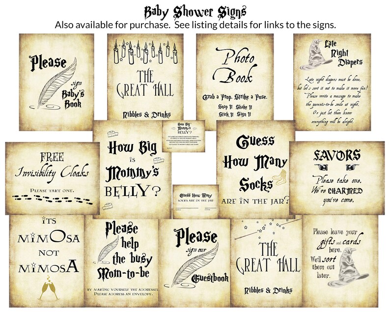 May include: A set of 10 printable baby shower signs with a Harry Potter theme. The signs feature text such as "The Great Hall", "Free Invisibility Cloaks", "Guess How Many Socks", "Please Sign Our Guestbook", and "Late Right Diapers".
