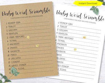 Baby Shower Word Scramble game - INSTANT DOWNLOAD - printable digital baby shower game kraft craft simple minimalist white chic boho