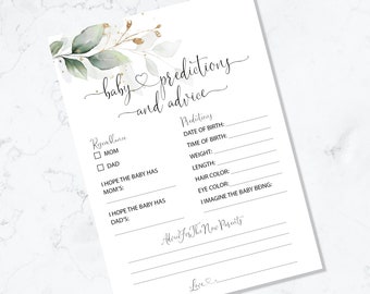 Greenery and Gold Baby Predictions and Advice Game - INSTANT DOWNLOAD - baby shower printable digital eucalyptus leaves