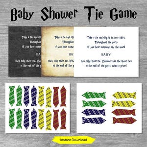 May include: A printable baby shower game with instructions to take a tie and clip it to your shirt throughout the party. If you hear someone say the word "baby", take their tie. Whoever has the most ties at the end of the party wins a prize. The game includes images of ties in green, yellow, blue, and red.