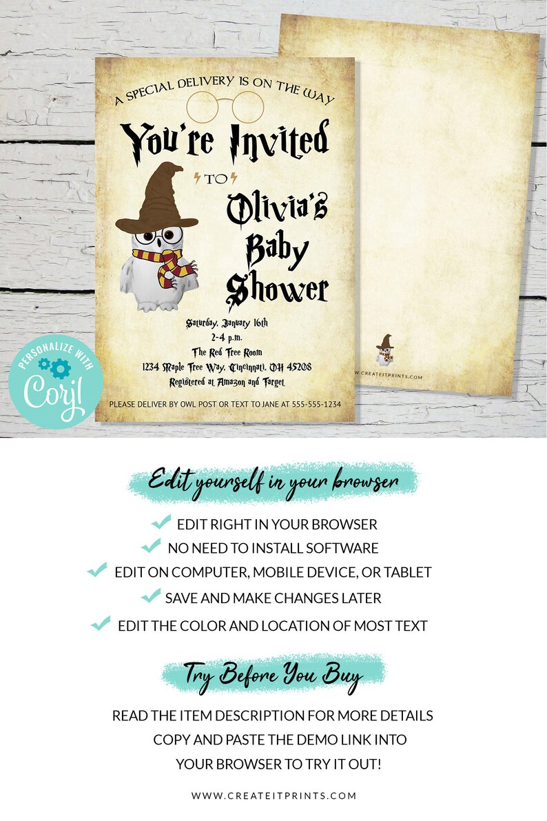 May include: A printable invitation for a baby shower with a Harry Potter theme. The invitation features a white owl wearing a black and gold wizard hat. The text on the invitation reads "You're Invited to Olivia's Baby Shower".