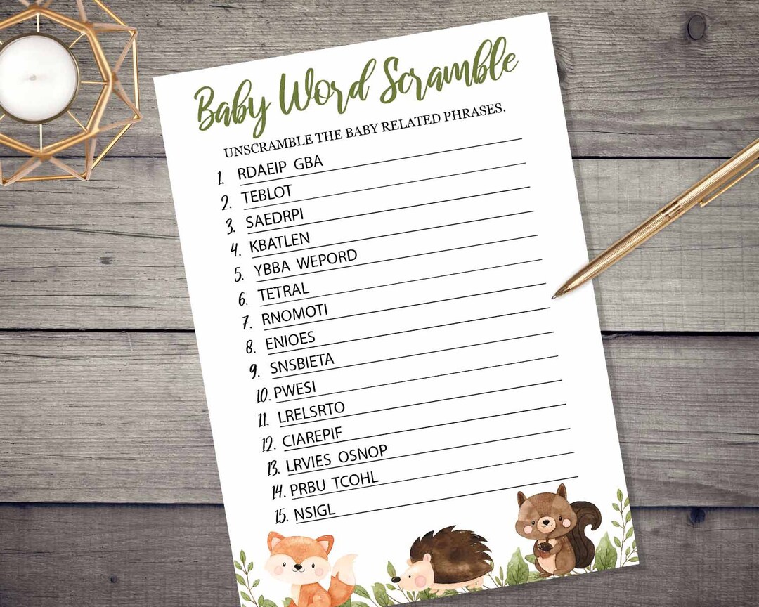 Word Scramble Baby Shower Game Cards - 30 Cards + Answer Card, Jungle Safari Floral Theme, Gender Neutral - View #7