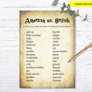 May include: A printable worksheet with the title "American vs. British" and a list of American words paired with their British counterparts. The words are related to baby items and include words like "diaper", "crib", "stroller", and "dummy".