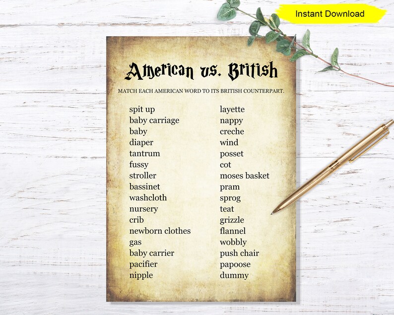 May include: A printable worksheet with the title "American vs. British" and a list of American words paired with their British counterparts. The words are related to baby items and include words like "diaper", "crib", "stroller", and "dummy".