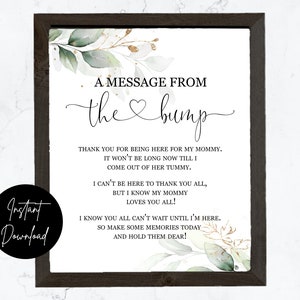 Greenery and Gold A Message From The Bump - INSTANT DOWNLOAD - baby shower party printable digital eucalyptus