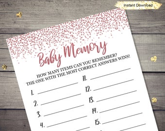 Rose Gold Baby Memory Game - INSTANT DOWNLOAD - baby shower party printable digital pink glitter confetti girl