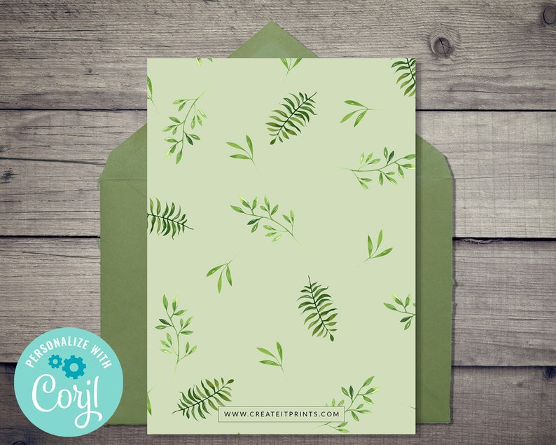 Pu&ograve; includere: Un biglietto verde chiaro con un motivo ripetitivo di foglie e felci verdi. Il testo "www.createitprints.com" &egrave; stampato in fondo al biglietto.