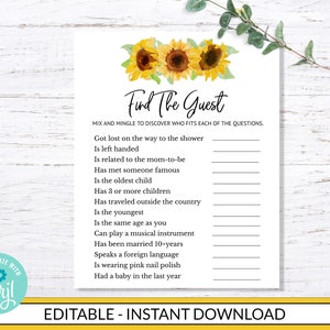 Sunflower EDITABLE Find The Guest Game - INSTANT DOWNLOAD - printable digital baby shower sprinkle party co ed couples gender neutral sun