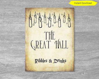 The Great Hall Nibbles and Drinks - antique paper sign - INSTANT DOWNLOAD -birthday party printable digital print