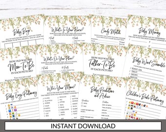 BOHO Chic Baby Shower Game Pack - INSTANT DOWNLOAD - baby shower party printable digital girl light green pale pink flowers greenery bundle