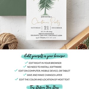 May include: A Christmas party invitation with a watercolor evergreen tree and gold accents. The invitation includes the date, time, and location. The text "Edit yourself in your browser" is also included.